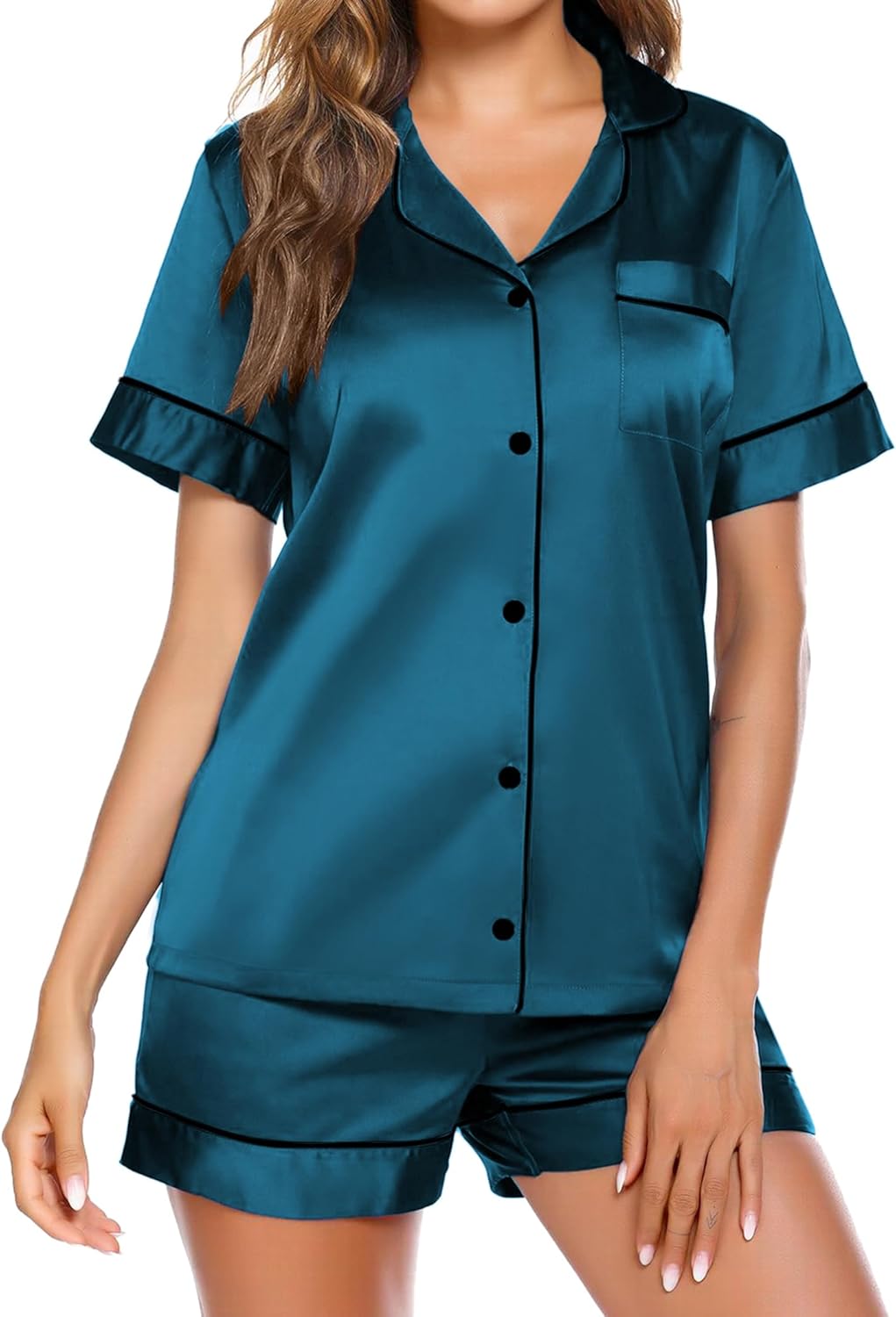 Pajamas for Women Set Silk Satin Pjs Button down Sleepwear Summer Loungewear Top and Shorts Lounge Set S-XXL