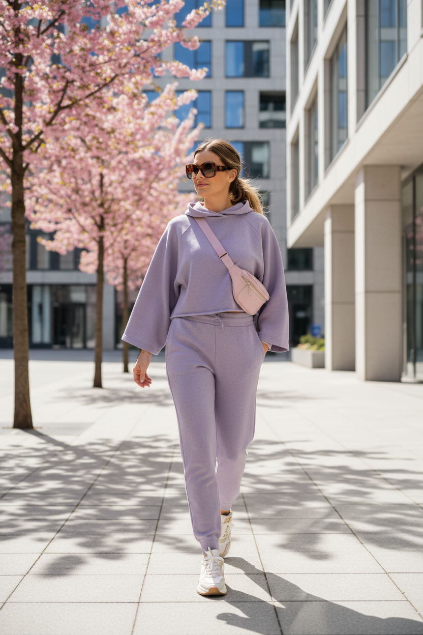 Woman wearing a stylish two-piece tracksuit set outdoors